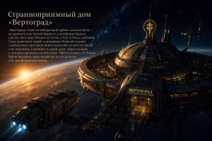 Космическая лечебница «Вертоград» Ордена Хранителей Света на орбите планеты Хеон, окружённая звёздами, с приближающимся медицинским кораблём.