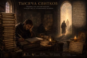 Хранитель Кассиан устало пишет за столом, заваленным свитками двенадцати проектов.