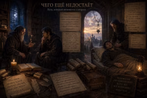 Старец Мелетий беседует с Кассианом среди книг и свитков Хранилища; справа обессилевший Кассиан лежит в постели, и целитель подаёт ему питьё.
