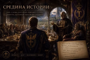Хранитель Орион и отец Феост в храмовом зале Коры; рядом стража и Смотритель Дарий, а за окнами виден футуристический город. Сцена символизирует предательство Дома Тирсы и притчу о злых виноградарях.